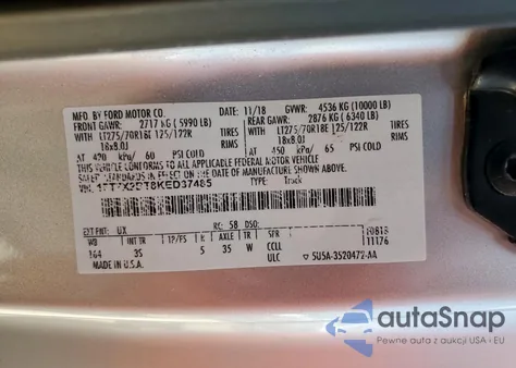 2019 Ford F250 Super Duty from USA, damaged, VIN 1FT7X2BT8KED37485